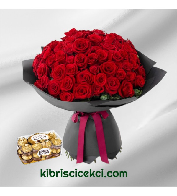 91 Kırmızı Gül Buketi 16'lı Ferrero Çikolata